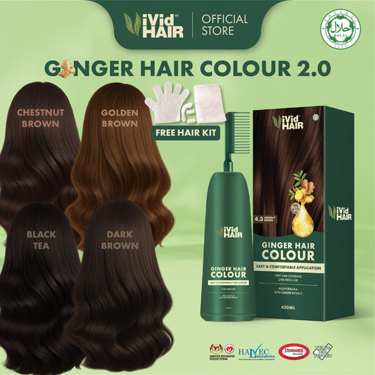 【HALAL HAIR COLOUR】ViVid HAIR 400ml Ginger Hair Dye Perwarna Rambut Halia untuk Tutup Uban - Chestnut Brown, Dark Brown, Golden Brown, Black Tea, Purple Grape, Honey Brown