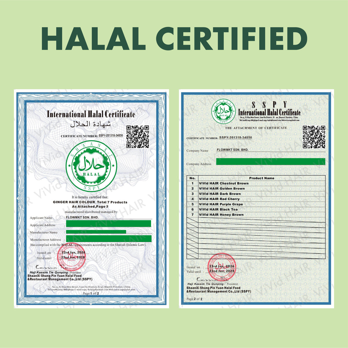 Halal Certified - International Halal Certificate SSPY-201318-34856, page 1 and 2